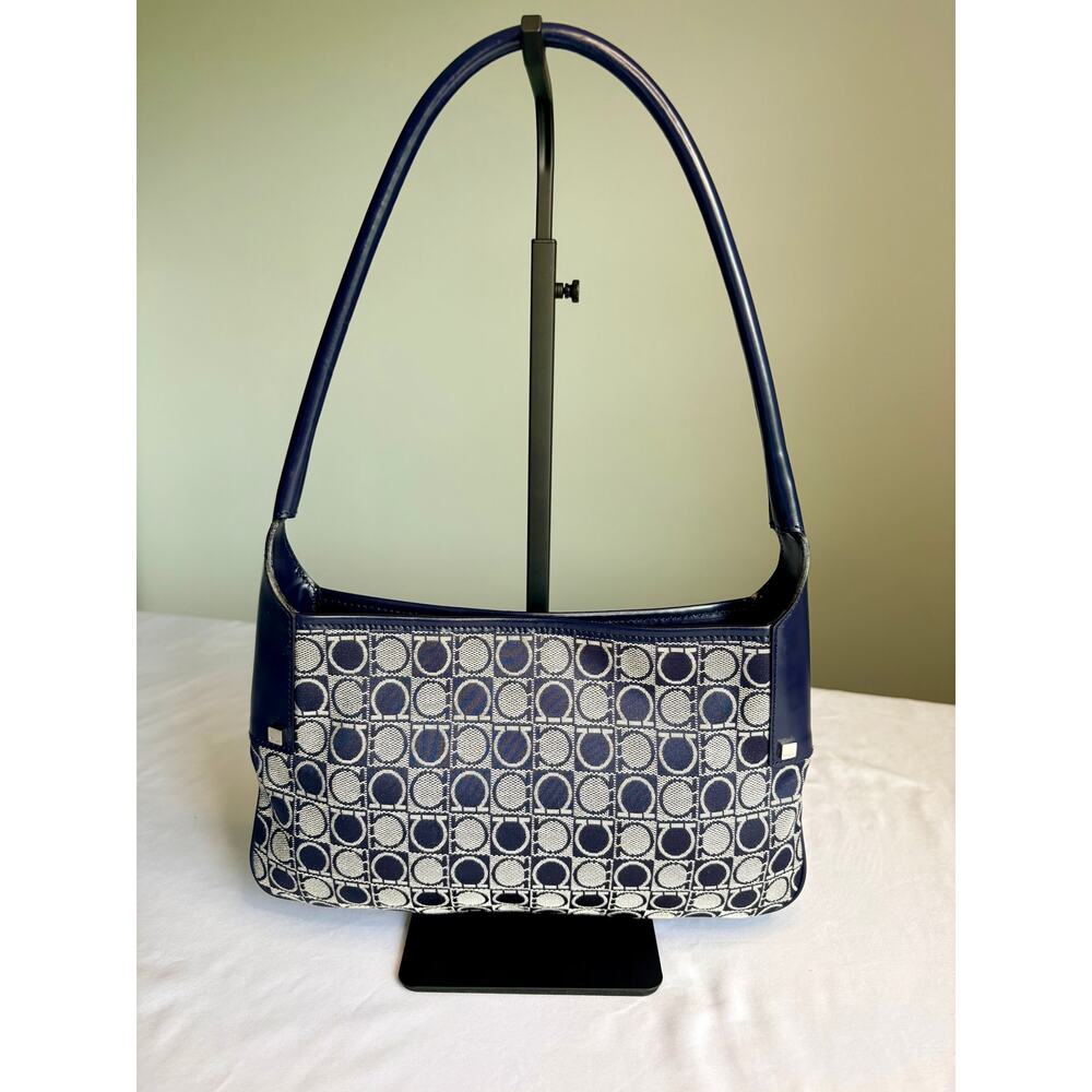 Salvatore Ferragamo Navy Blue Gancini Print Fabric and Leather Shoulder Hand Bag